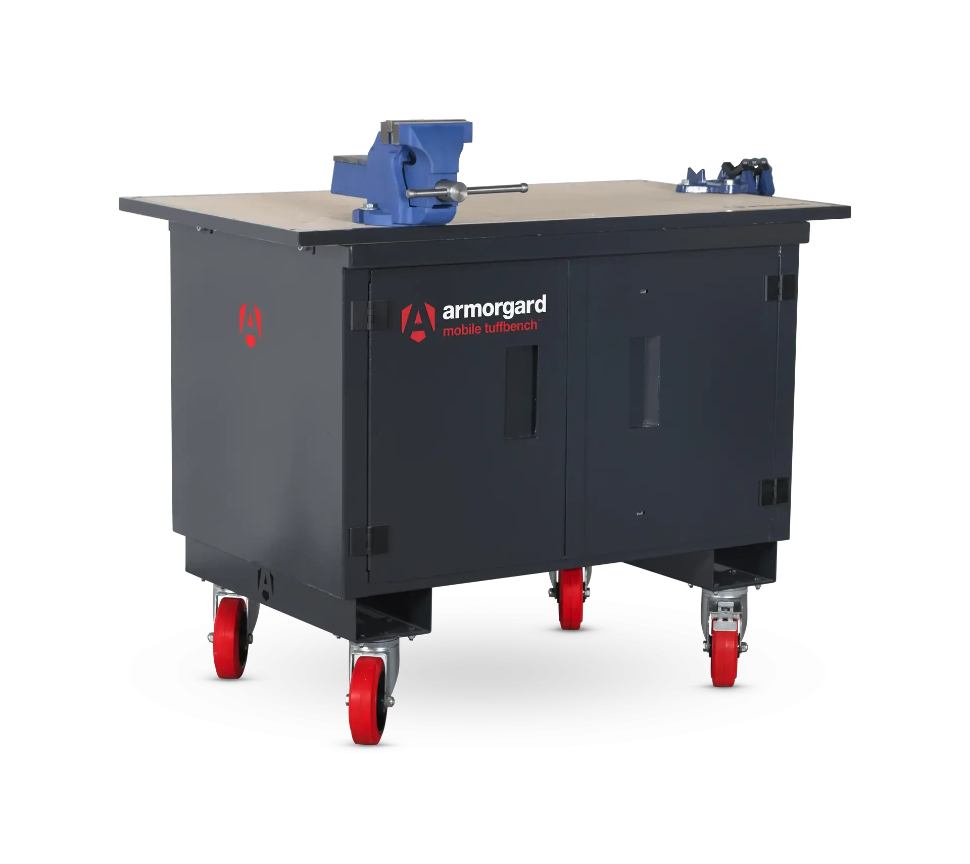 MOBILE TUFFBENCH WITH WOODEN TOP AND VICES FITTED