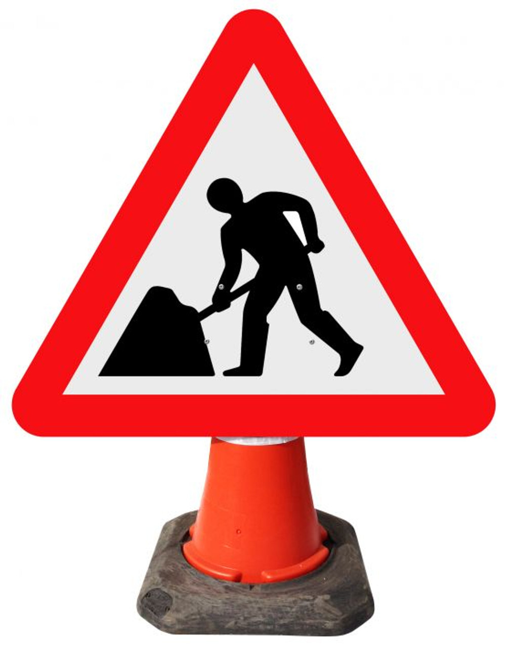 Men at Work sign fitted to a cone